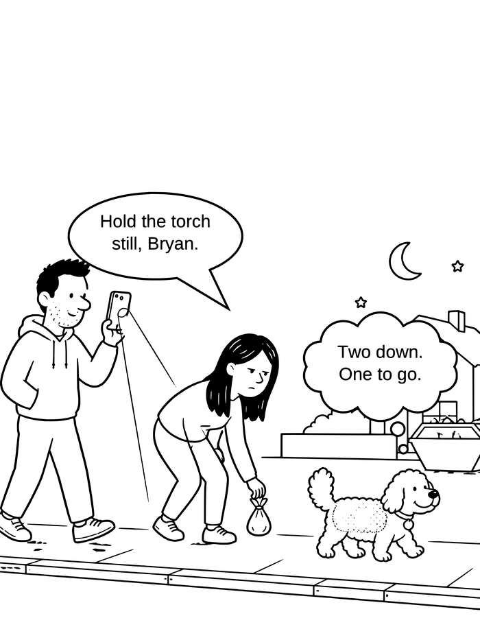Cartoon of Bryan holding his phone torch on the evening walk while Ceri bends to pick up after Coco